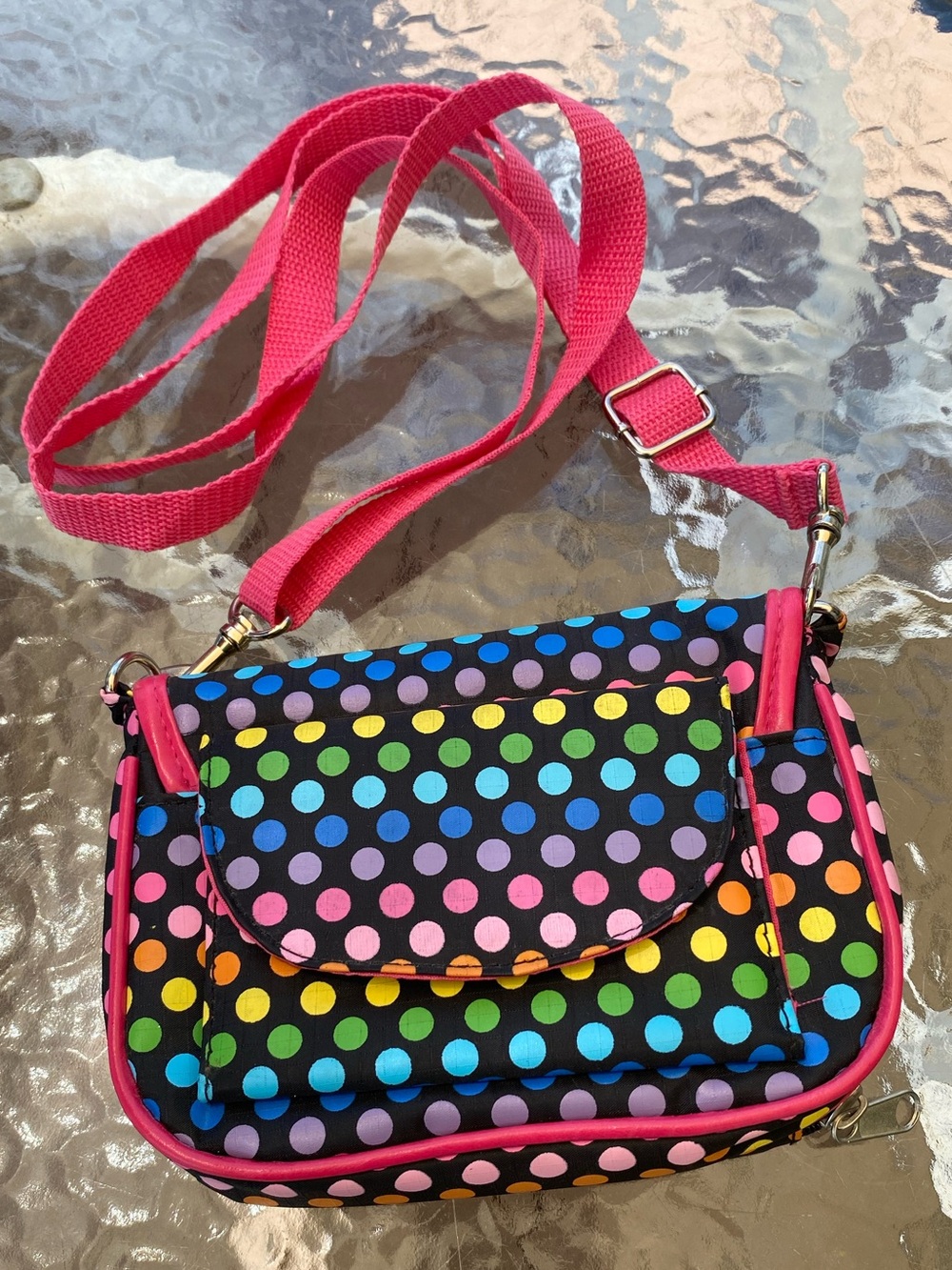 Multicolor Polka Dot Crossbody Bag with Pink Strap